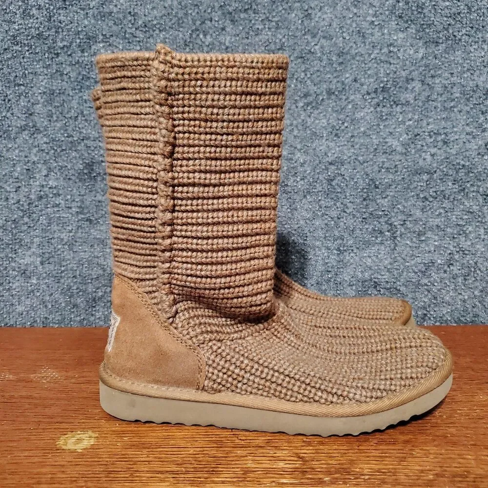 UGG Classic Crochet Boots Womens Size 7 Tan Brown Sheep Skin Knitted Casual Rare
